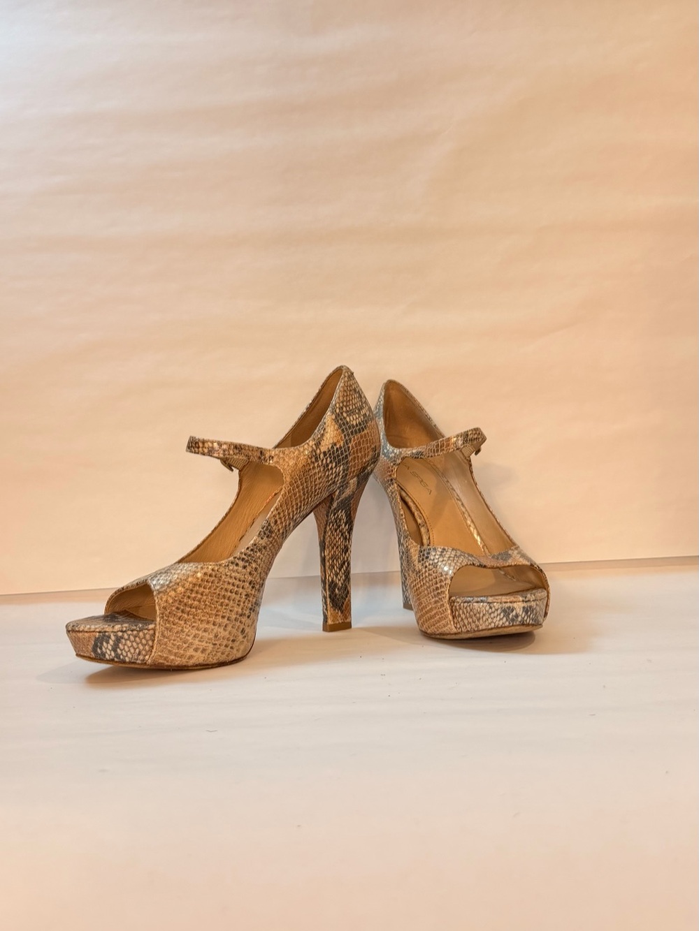 Via Spiga Gold Snakeskin Peep-Toe Mary Jane Platform Heels